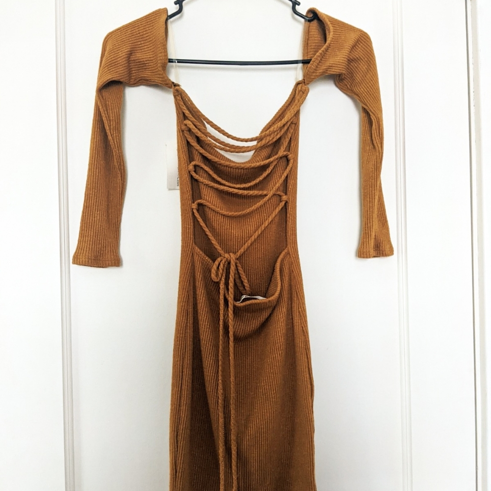 Mustard Off the Shoulder Lace Tie Up Open Back Bodycon Dress MystiqueBoutiqueNYC - Picture 4 of 8